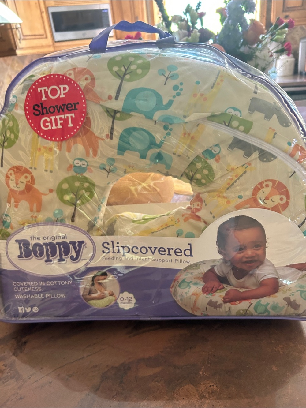 Boppy Slipcovered Support Pillow with Teal, Green, Orange, Gray Safari Print
